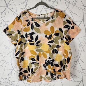 Rachel Zoe Floral Leaves Print 100% Linen Round Neck Top